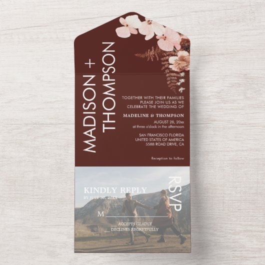 Invitation Tout En Un Mariage photo moderne tendance Burnt Orange Desert (À l'intérieur)