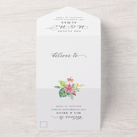 Invitation Tout En Un Mariage photo moderne Tropical Elegant Script (Dehors)