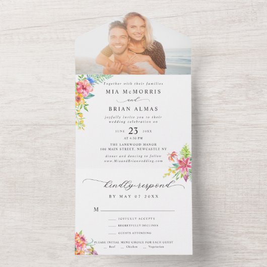 Invitation Tout En Un Mariage photo moderne Tropical Elegant Script (À l'intérieur)