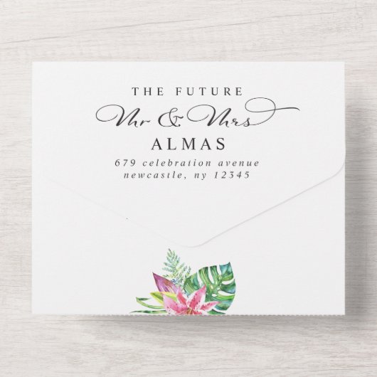 Invitation Tout En Un Mariage photo moderne Tropical Elegant Script (Verso)