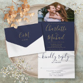 Invitation Tout En Un Mariage photo Navy Blue and Gold Script