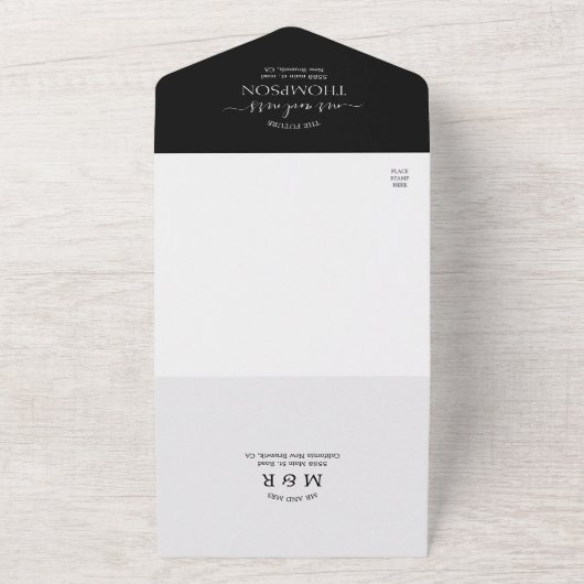 Invitation Tout En Un Mariage photo noir simple moderne (Dehors)