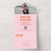 Invitation Tout En Un Mariage photo Retro Font orange et rose QR Code (À l'intérieur)