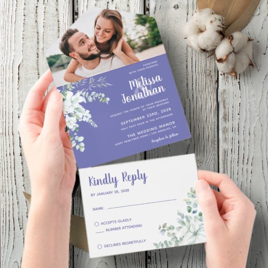 Invitation Tout En Un Mariage photo romantique blanc doux fleur violet