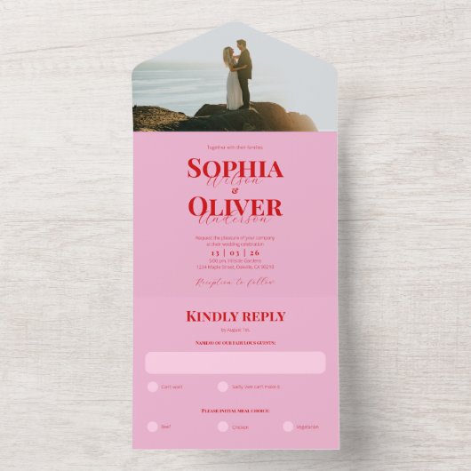 Invitation Tout En Un Mariage photo rose et rouge vif (À l'intérieur)