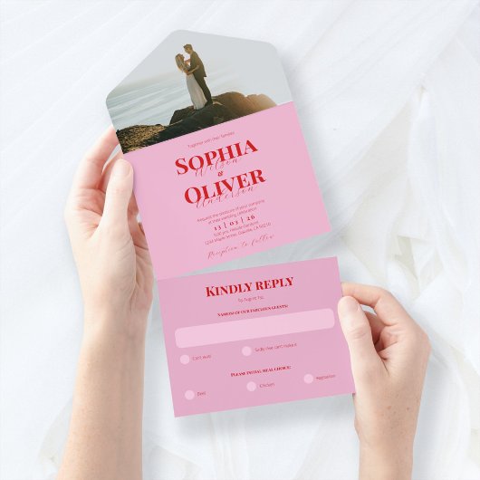Invitation Tout En Un Mariage photo rose et rouge vif