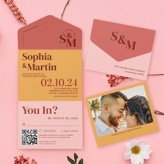 Invitation Tout En Un Mariage photo rose-jaune