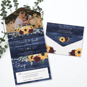 Invitation Tout En Un Mariage photo Rose Navy Blue Sunflower Bourgogne