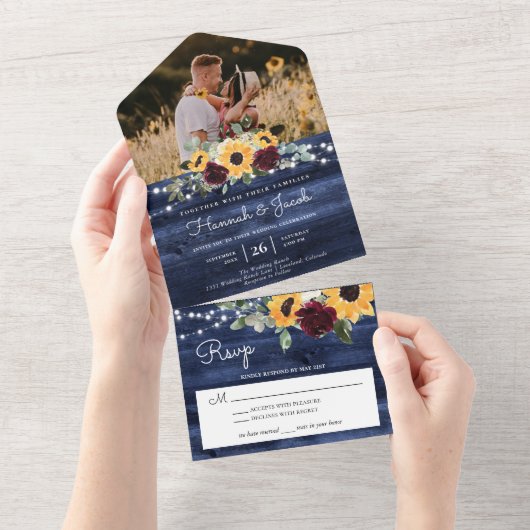 Invitation Tout En Un Mariage photo Rose Navy Blue Sunflower Bourgogne (Déchirure)