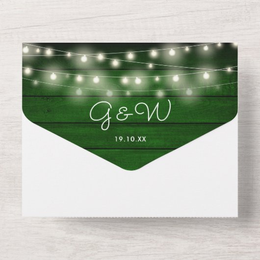 Invitation Tout En Un Mariage photo Rustic Green Wood String (Verso)