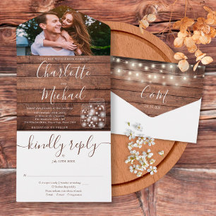 Invitation Tout En Un Mariage photo Rustic Wood String Lumières Mason Ja