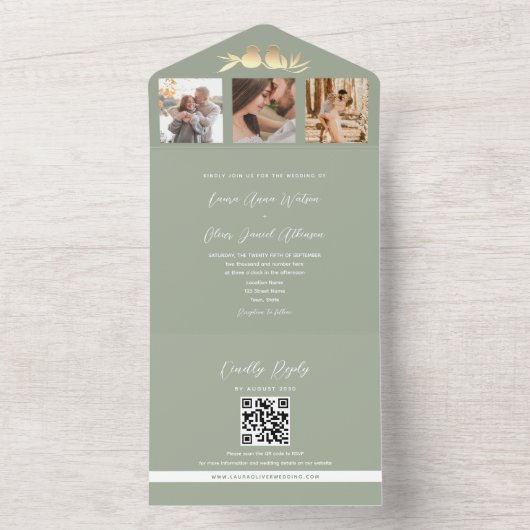 Invitation Tout En Un Mariage photo Sage Green QR Code (À l'intérieur)