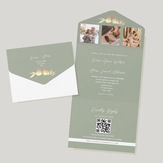 Invitation Tout En Un Mariage photo Sage Green QR Code