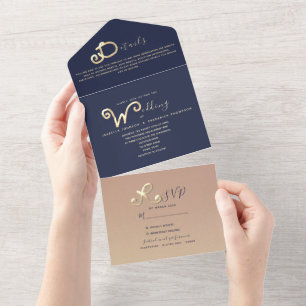 Invitation Tout En Un Mariage Photo Script Or Bleu Marine