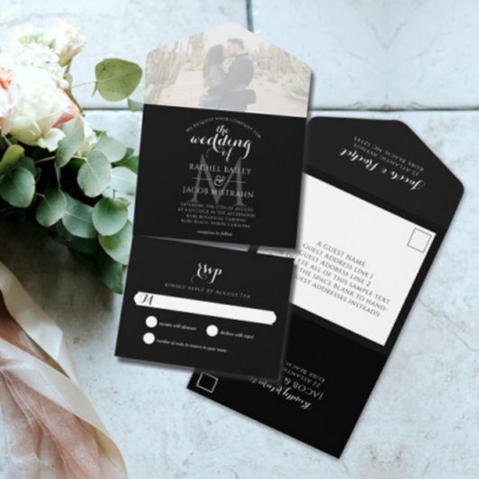 Invitation Tout En Un Mariage photo simple Monogramme noir et blanc
