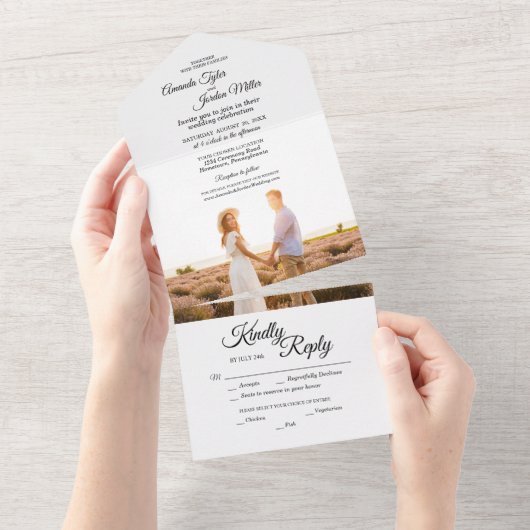 Invitation Tout En Un Mariage photo simple noir blanc calligraphie (Déchirure)