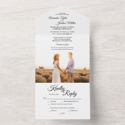 Invitation Tout En Un Mariage photo simple noir blanc calligraphie (À l'intérieur)