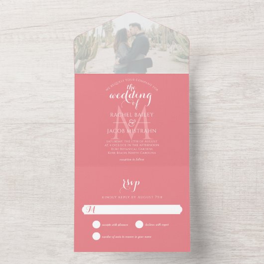 Invitation Tout En Un Mariage photo simple Saumon de monogramme (À l'intérieur)