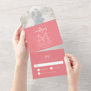 Invitation Tout En Un Mariage photo simple Saumon de monogramme