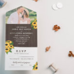 Invitation Tout En Un Mariage photo Sunflowers & Wood Rustic<br><div class="desc">Rustique tout en un faire-part de mariage avec invitation,  rsvp,  et enveloppe en un. Avec des tournesols et un look en bois imprimé et des polices rustiques. Personnalisez avec une photo !</div>