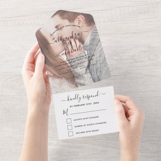 Invitation Tout En Un Mariage photo transparent simple moderne RSVP (Déchirure)