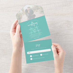 Invitation Tout En Un Mariage photo Turquoise Monogramme simple