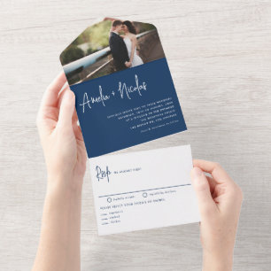 Invitation Tout En Un Mariage Photo Typographie Écriture Manuscrite Bleu
