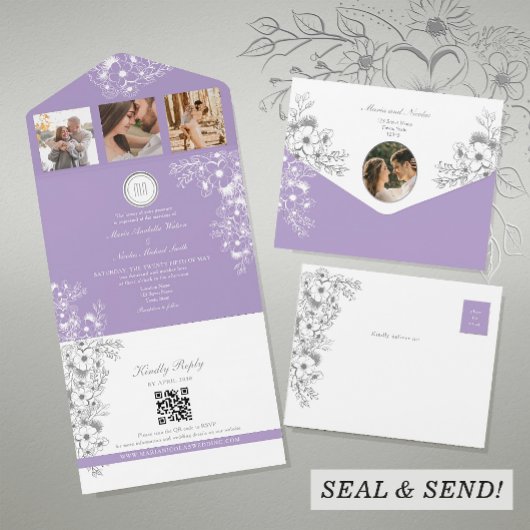 Invitation Tout En Un Mariage photo violet romantique