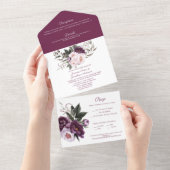Invitation Tout En Un Mariage Plum violet Pink Peonies (Déchirure)