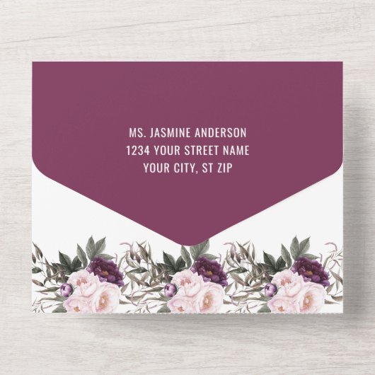Invitation Tout En Un Mariage Plum violet Pink Peonies (Verso)