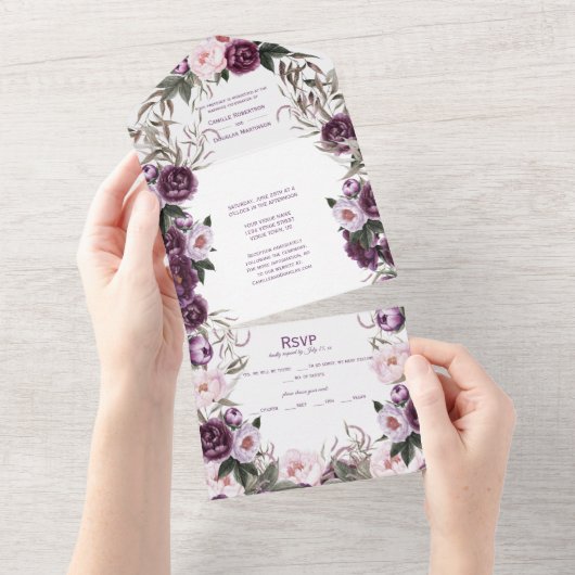 Invitation Tout En Un Mariage Plum violet Pink Peonies | (Déchirure)