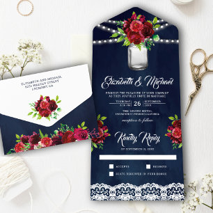 Invitation Tout En Un Mariage Pot Mason Floral Rouge Bourgogne Bleu Mari