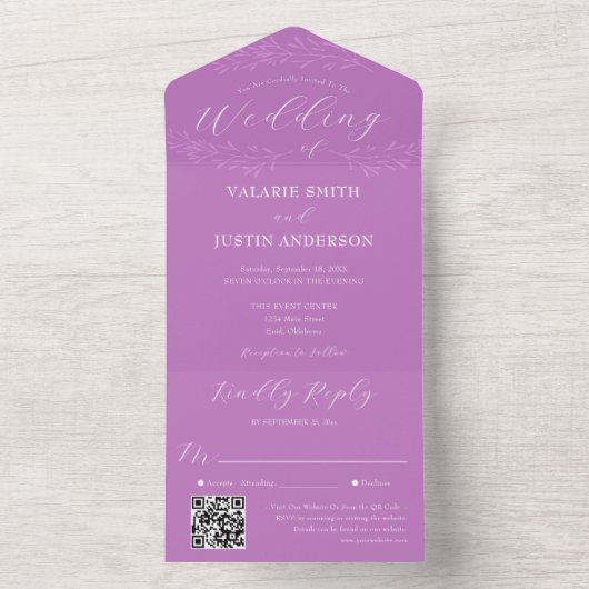 Invitation Tout En Un Mariage Purple À Branche Minimale Tout En Un (À l'intérieur)