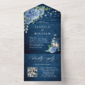 Invitation Tout En Un Mariage QR bleu Hydrangea Lantern Wood (À l'intérieur)