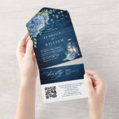 Invitation Tout En Un Mariage QR bleu Hydrangea Lantern Wood (Déchirure)