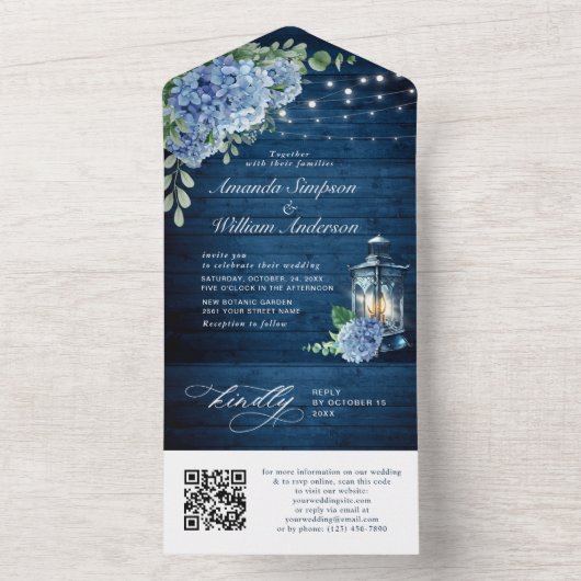 Invitation Tout En Un Mariage QR bleu Hydrangea Lantern Wood (À l'intérieur)