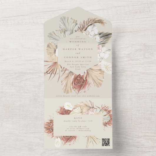 Invitation Tout En Un Mariage QR CODE crème Beige Pampas Grass séché (À l'intérieur)