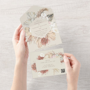 Invitation Tout En Un Mariage QR CODE crème Beige Pampas Grass séché