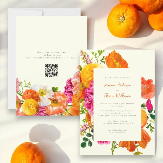 Invitation tout en un mariage qr code orange pavot mariage
