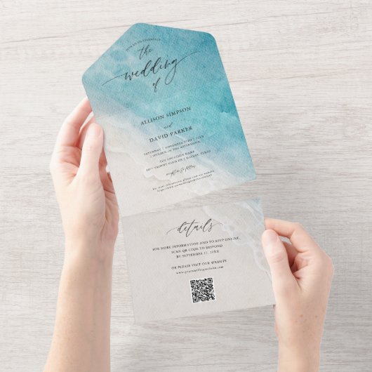 Invitation Tout En Un Mariage QR Destination Ocean Beach (Déchirure)