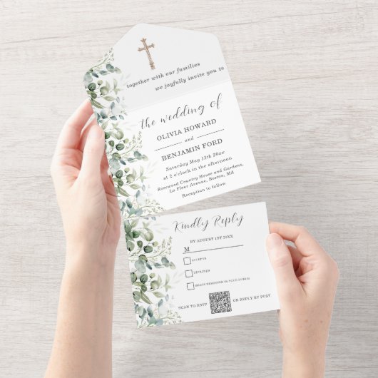 Invitation Tout En Un Mariage religieux | Code QR Eucalyptus (Déchirure)