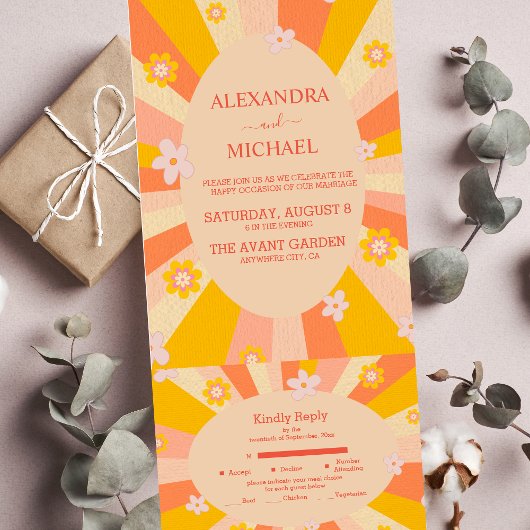 Invitation Tout En Un Mariage rétro funky sur le thème des années 70 ora