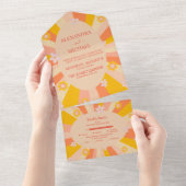 Invitation Tout En Un Mariage rétro groovy années 70 thème orange jaune (Déchirure)