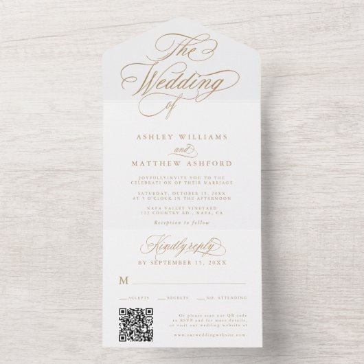 Invitation Tout En Un Mariage Romantique Calligraphie Tourbillonnante Or (À l'intérieur)