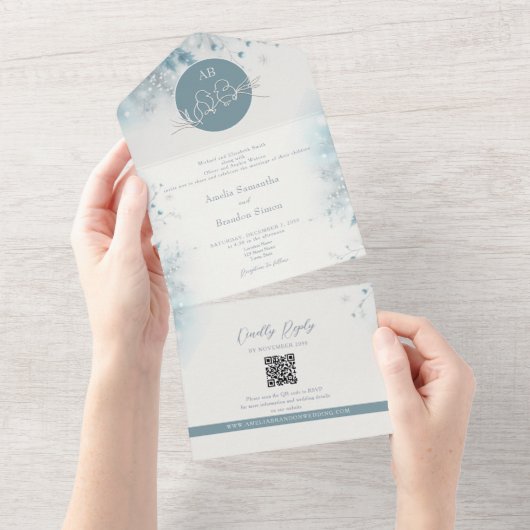 Invitation Tout En Un Mariage romantique Dusty Blue d'hiver (Déchirure)