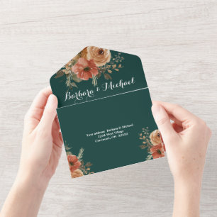 Invitation Tout En Un Mariage Romantique Fleurs Vert Foncé et Or