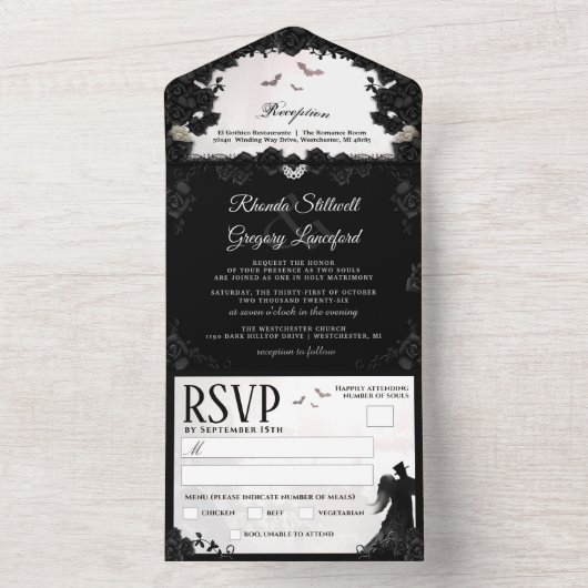 Invitation Tout En Un Mariage romantique gothique (Menu RSVP) Tout en un (À l'intérieur)