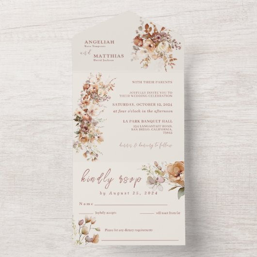 Invitation Tout En Un Mariage Romantique simple Fleurs de champ (À l'intérieur)