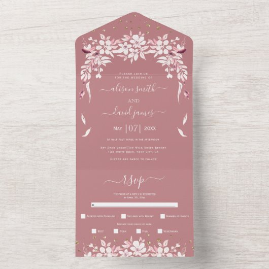 Invitation Tout En Un Mariage rose blanc en cascade fleuri (À l'intérieur)