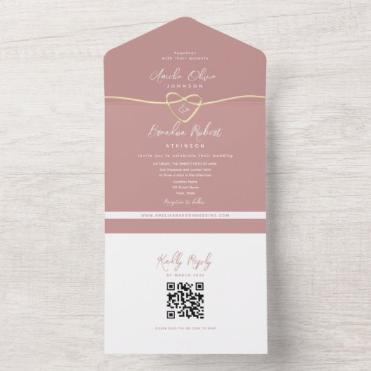 Invitation Tout En Un Mariage Rose Dusty Code QR (À l'intérieur)